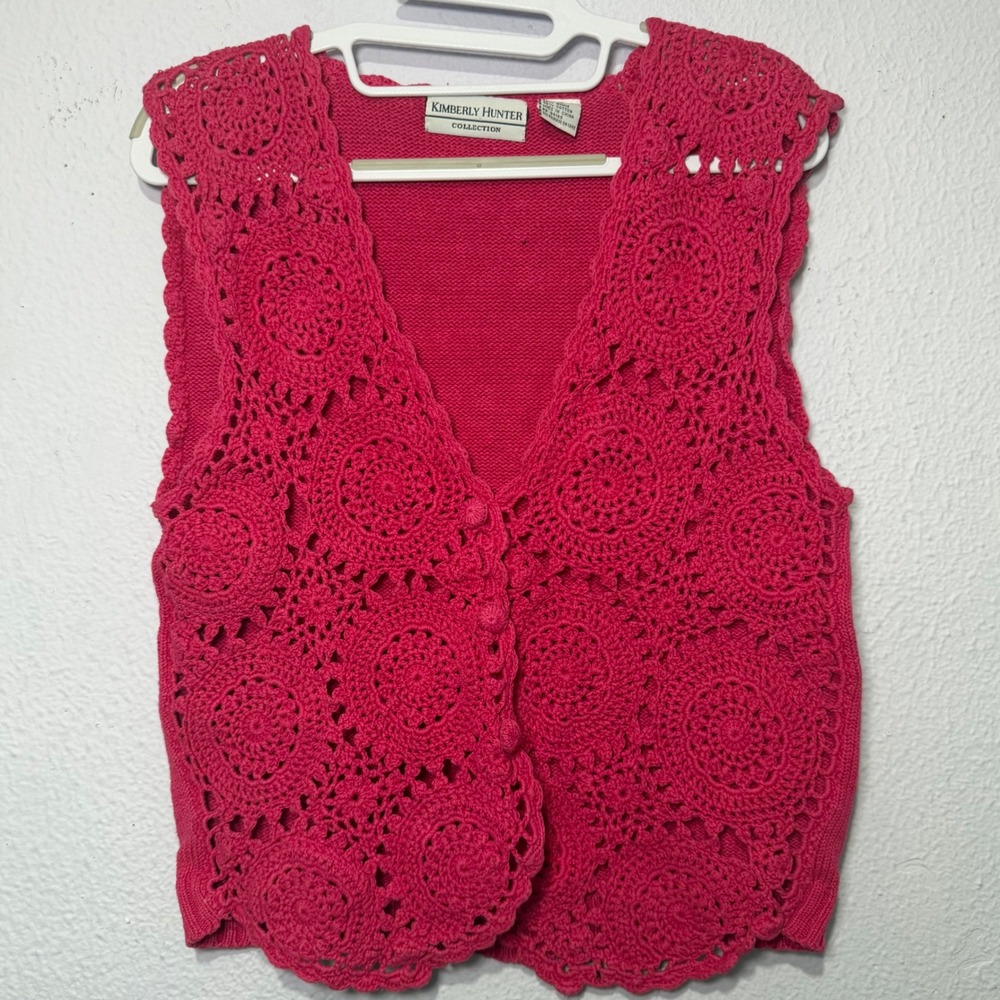 Vintage Kimberly Hunter Crochet Lace Knit Vest M Pink  Cottagecore Coquette Boho